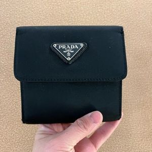 Preowned Prada Nylon Logo plate black trifold wallet